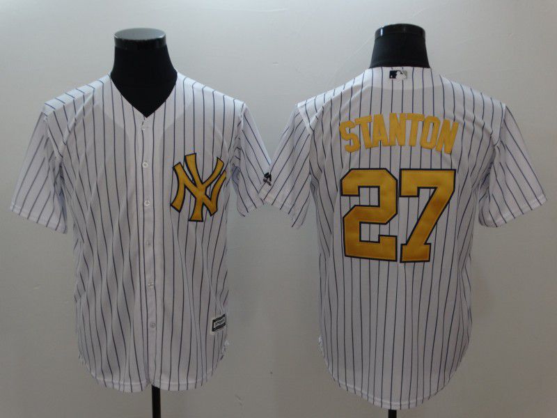 Men New York Yankees #27 Stanton White striped gold Game MLB Jerseys